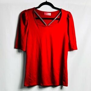 Simply Scarlett Women’s Sz Small Red Square Neck & Rhinestone Half Sleeve Shirt